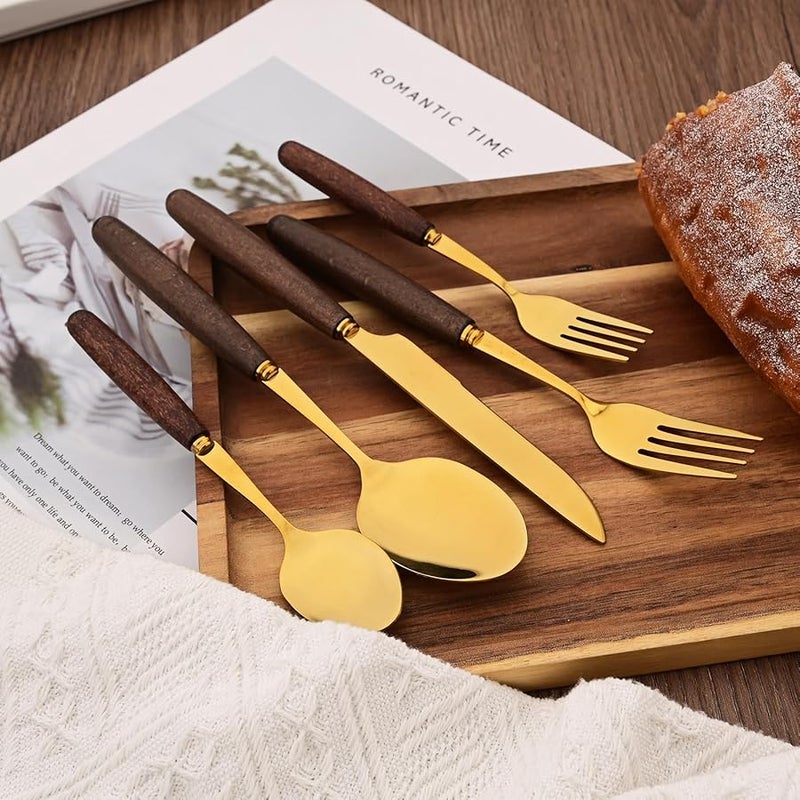 Wood Handle Flatware Set 40 Pcs For 8 Mirror Polished Stainless Steel Gold Cutlery - Image 3